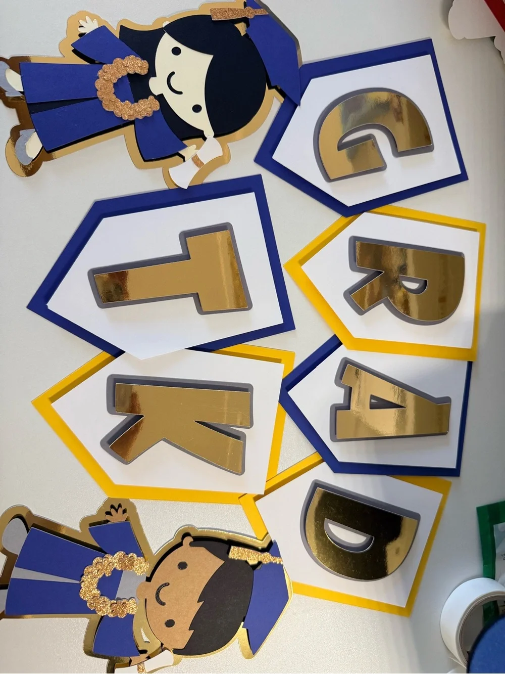 Graduation Garland Banner in Blue, Gold and White - Party Decoration